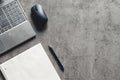 The office desk flat lay view with laptop, mouse, tree, paper clip, coffee cup, notebook, pencil Royalty Free Stock Photo