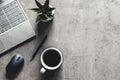 The office desk flat lay view with laptop, mouse, tree, paper clip, coffee cup, notebook, pencil Royalty Free Stock Photo