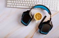 Office desk with headset call center manager desktop on cup of coffee top view white background Royalty Free Stock Photo