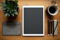 Office desk with laptop, blank screen tablet, blank screen smart phone and cup of coffee top view.Flat lay Generative AI Royalty Free Stock Photo