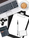 Office desk with laptop, coffee, pen and calculator Vector realistic