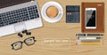 Office desk laptop, coffee, smartphone and pen Vector realistic