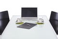 Office desk with laptop ready for business meeting Royalty Free Stock Photo