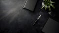 office desk layout,top view,background made in a modern theme in black,diary,elegant pen,plant,empty space for text,minimalism,