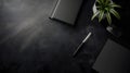 office desk layout,top view,background made in a modern theme in black,diary,elegant pen,plant,empty space for text,minimalism, Royalty Free Stock Photo