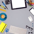 Office desk mock up template background with tablet, smartphone and office items Royalty Free Stock Photo