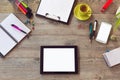 Office desk mock up template with table, smart phone, notebook and cup of coffee. View from above with copy space Royalty Free Stock Photo