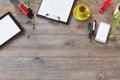 Office desk mock up template with tablet, smart phone and cup of coffee. View from above with copy space