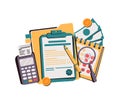 Office desk with money and business documents. Workplace auditors. Calculation of payments, wages or taxes. Financial management Royalty Free Stock Photo