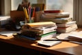 Office desk with an organized stack of papers. Unfinished documents on office desk. Generative AI