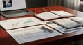 Business Desk with Financial Reports and Laptop Royalty Free Stock Photo