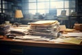 Office Desk with a Stack of Files and Papers work office background