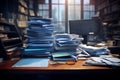 Office Desk with a Stack of Files and Papers work office background