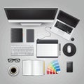 Office and desk supplies on white background