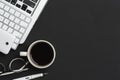 Office desk table black with computer, coffee cup, founten pen, Royalty Free Stock Photo