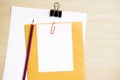 Office Desk Table with a Blank, Paper, Pencil, Plant Pot, Clips and Supplies. Workplace. Top View on a Wooden Background with Copy Royalty Free Stock Photo