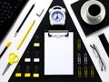 Office desk table of Business workplace and business objects. White, black, yellow work space. Royalty Free Stock Photo