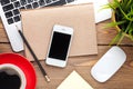 Office desk table with computer, supplies, coffee cup and flower Royalty Free Stock Photo