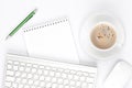 Office desk table with computer, supplies and coffee cup