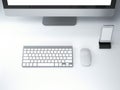Office desk table with keyboard and smartphone. 3d rendering Royalty Free Stock Photo