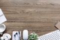 office desk table with keyboard, supplies, flower and coffee cup Royalty Free Stock Photo