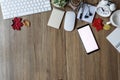 Office desk table with keyboard, supplies, flower and coffee cup Royalty Free Stock Photo