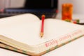 Office desk table with laptop, glasses, cup of coffee and some supplies Royalty Free Stock Photo