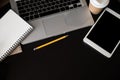 Office desk table with a lot of things tablet, laptop ,smartphone ,notepad and coffee cup notepad . Top view with copy space Royalty Free Stock Photo