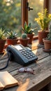 Office desk with telephone and plants by sunlit window Royalty Free Stock Photo