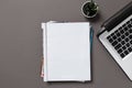 Office desk top view with blank notebook isolated on gray, with clipping path, changeable background Royalty Free Stock Photo