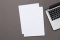 Office desk top view with blank notebook isolated on gray, with clipping path, changeable background Royalty Free Stock Photo