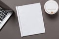 Office desk top view with blank notebook on gray, with clipping path, changeable background Royalty Free Stock Photo