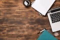 Office desk top view with blank notebook