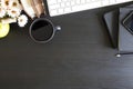 Office desk top view. Computer keyboard, coffee, notebook and fl Royalty Free Stock Photo