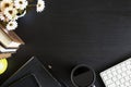 Office desk top view. Computer keyboard, coffee, notebook and fl Royalty Free Stock Photo