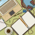 Office desk top view filled with various items Royalty Free Stock Photo