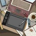 Office desk top view filled with various items Royalty Free Stock Photo