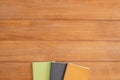 Office desk wooden table background with mock up notebooks. Top view with copy space. Royalty Free Stock Photo