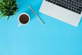 Flat lay top view copy space of a working space with laptop, a coffee cup and little grass placing on blue pastel background. Royalty Free Stock Photo