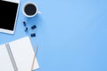 Office desk working space - Flat lay top view mockup photo of working space with laptop. Royalty Free Stock Photo