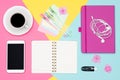 Office Desk Working Space Flat Lay. Top view photo of workspace with blank mock up smartphone, coffee cup and open notepad. Royalty Free Stock Photo