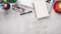 Office desk workplace with laptop computer, eyeglass, pen, noebook and cup of coffee, Royalty Free Stock Photo