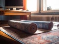 Office desk with yoga mat for worklife balance