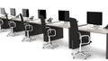 Office desks with equipment and black chairs Royalty Free Stock Photo