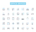 Office devices linear icons set. Printer, Scanner, Copier, Fax, Mouse, Keyboard, Monitor line vector and concept signs