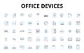 Office devices linear icons set. Printer, Scanner, Copier, Fax, Mouse, Keyboard, Monitor vector symbols and line concept