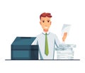 Office documents copier. Office worker prints documents on the copier. Man works on a photocopier. Concept of office