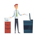 Office documents copier. Office worker prints documents on the copier. Man works on a photocopier. Concept of office