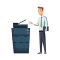 Office documents copier. Office worker prints documents on the copier. Man works on a photocopier. Concept of office