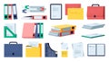 Office documents and folders. Workstation with stationary and school folder, notebook, binder and tools for study and Royalty Free Stock Photo